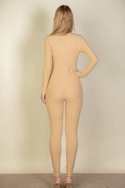 Our Best 92% Polyester 8% Spandex Ribbed Scoop Neck Long Sleeve Jumpsuit (Light Taupe)