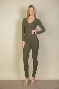 Our Best 92% Polyester 8% Spandex Ribbed Scoop Neck Long Sleeve Jumpsuit (Olive)