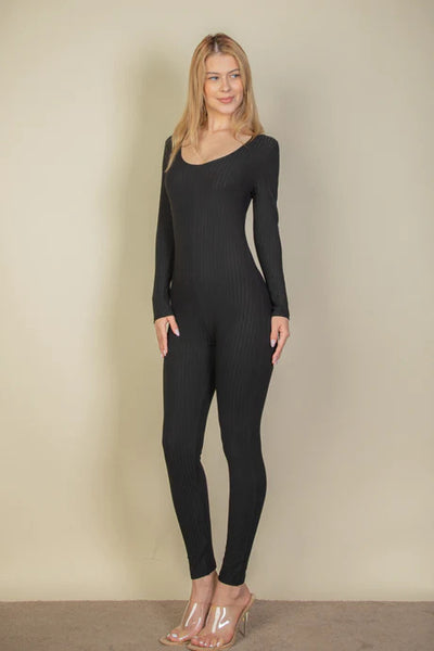 Our Best 92% Polyester 8% Spandex Ribbed Scoop Neck Long Sleeve Jumpsuit (Black)
