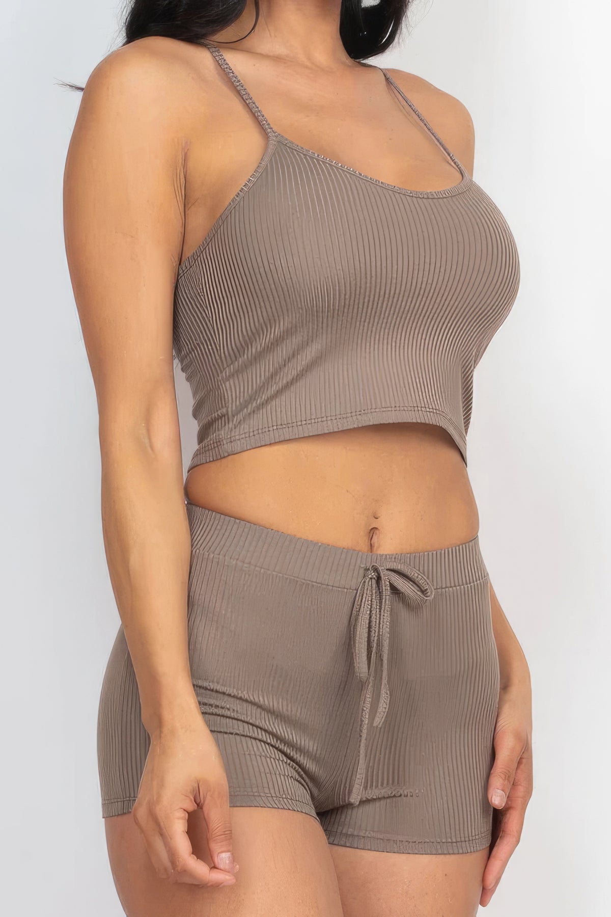 Our Best Polyester/Spandex Blend Ribbed Racer Back Crop Cami Top & Shorts Set (Taupe)