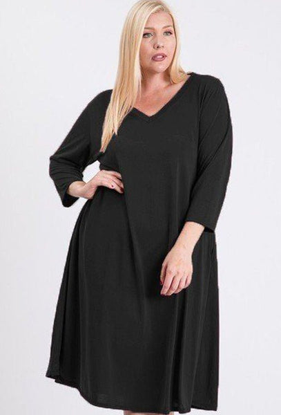Plus Size Lovely Ladies 23% Polyester 77% Modal V-Neck Hidden Pocket Swing Dress (Black)