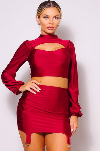 Diva's Debutante 82% Nylon 18% Spandex Front Cutout Detail Long Puff Sleeve Turtleneck Blouse Ruched Garter Mini Skirt Set (Wine)