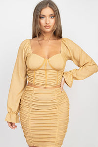 Trinna Fortina Nylon/Spandex Sweetheart Neckline Ruched Front Long Ruffled Sleeve Square Ruched Back Two Piece Skirt Set (Gold)