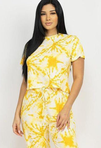 Tyra Tie-dye Polyester Blend Imported Yellow Stretch Knit Short Sleeve Top And Pants Set (Yellow)
