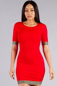 Our Best Sexy Viscose/Spandex Made In U.S.A. Short Sleeve Greek Iconic Trim Detail Mini Dress (Red)