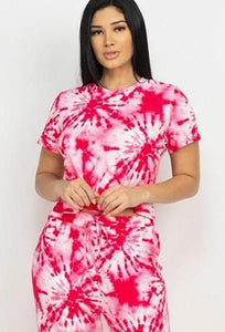Tyra Tie-dye Polyester Blend Imported Fuchsia Stretch Knit Short Sleeve Top And Pants Set (Fuschia)