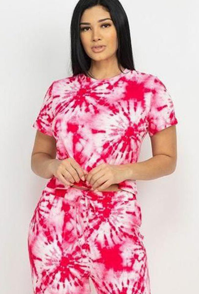 Tyra Tie-dye Polyester Blend Imported Fuchsia Stretch Knit Short Sleeve Top And Pants Set (Fuschia)