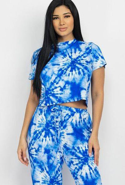 Tyra Tie-dye Polyester Blend Imported Blue Stretch Knit Short Sleeve Top And Pants Set (Blue)