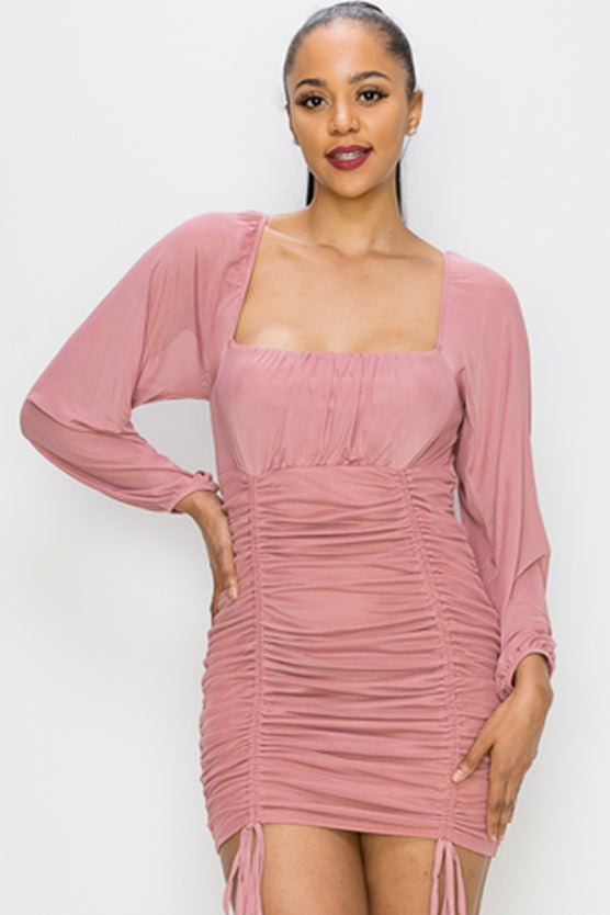 Arianna Marianna 90% Nylon 10% Spandex Ruched Square Neck Mesh Square Cut Back Bodycon Silhouette Mini Dress (Mauve)