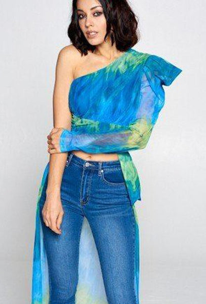Our Best 96% Polyester 4% Spandex Tie Dye One Shoulder Long Train Crop Top (Blue Green)
