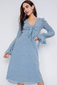 Caitlin In The Country 100% Polyester Cinched Tiered Puff Sleeve V-neck Detail Floral Embellished Vintage Boho Midi Dress (Blue Sky)