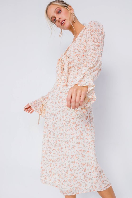 Caitlin In The Country 100% Polyester Chinced Tiered Puff Sleeve V-neck Detail All Over Floral Pattern Boho Vintage Midi Dress (Ivory)