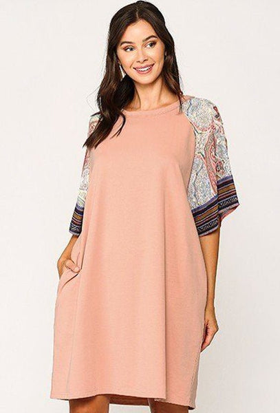 Our Best 97% Cotton 3% Spandex Solid Side Pocket Dolman Sleeve Mini Dress (Blush)
