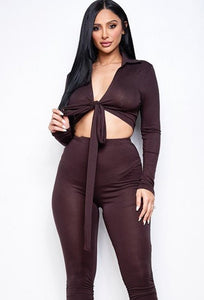 Our Best 96% Rayon 4% Spandex Solid Color Collared Tie Front Top And Ruched Pants Two Piece Set (Brown)
