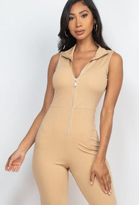 Our Best Polyester/Spandex Blend Sleeveless Stretch Knit Solid Color Front Zip Jumpsuit (Khaki)
