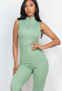 Our Best Polyester/Spandex Blend Sleeveless Stretch Knit Solid Color Front Zip Jumpsuit (Green Bay)