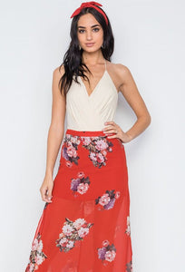 Our Best 100% Polyester Exotic Multi-Floral Print Side Slits High-Waist Maxi Skirt (Red Multi)