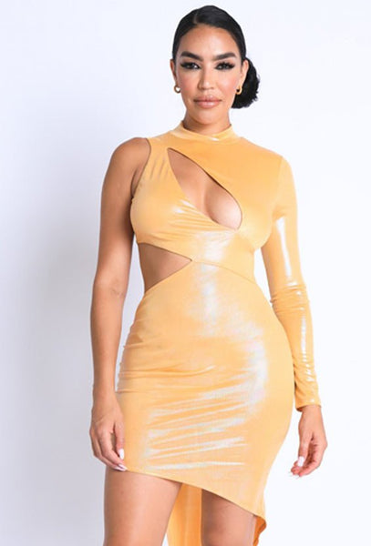 Starla Stunning 97% Polyester 3% Spandex Foil Asymmetric Sleeve Cut Out Detail Midi Dress (Taupe)