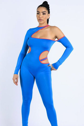 Diva Deanna Julianna Polyester/Spandex Blend Color Binding Detailed Cutout Jumpsuit (Aqua/Fuchsia)
