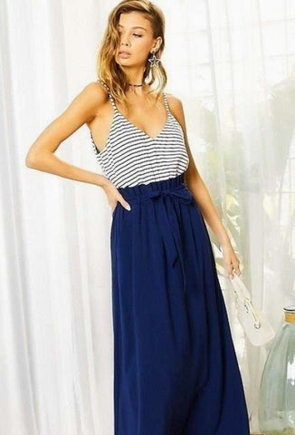 Our Best 100% Cotton Striped Print Cami Sol Top Hi-waist Skirt Side Pocket Maxi Dress (Navy)