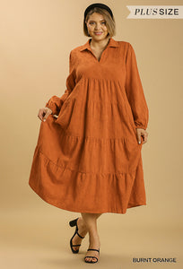 Plus Size Lovely Ladies 100% Cotton Textured Long Sleeve Collar Split Neck Tiered Maxi Dress (Burnt Orange)