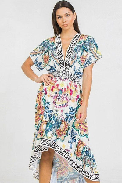 Tunic Style Polyester Blend Floral-Multi w/Color Contrast Bordered Hem Dolman Sleeve Smocked Waistband Maxi Dress (Ivory/Pink/Blue)