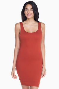 Paloma Pomona Pullover 96% Rayon 4% Spandex Simple Sexy Solid Color Sleeveless Scoop Neckline Knit Mini Dress (Rust)
