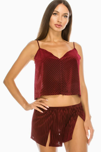 I Dream Of Diva 100% Polyester Velvet Super Soft Burgundy Lace Intimate Wear Two Pc. Slit Shorts Sleep Set (Burgundy)