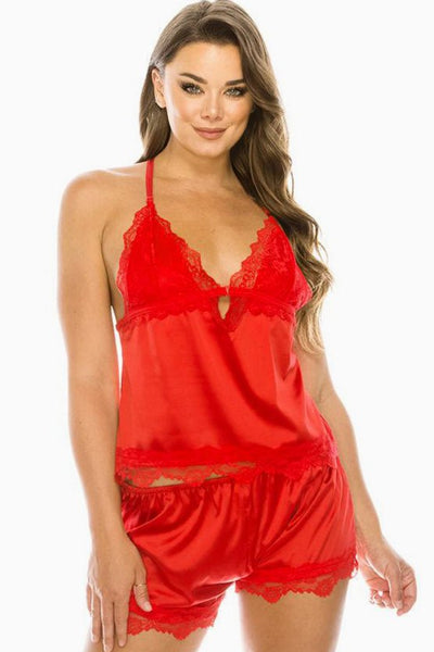 Lady Lara Lalaine Polyester Blend Youmita 2 Piece Satin Lace Trimmed PJ Short Set (Red)