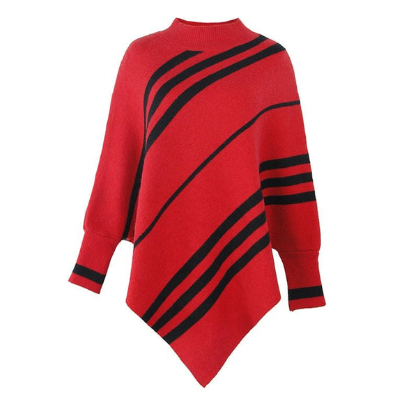 Fitshinling Striped Winter Poncho Batwing Sleeve Cape Femme Fashion Knit Cloak