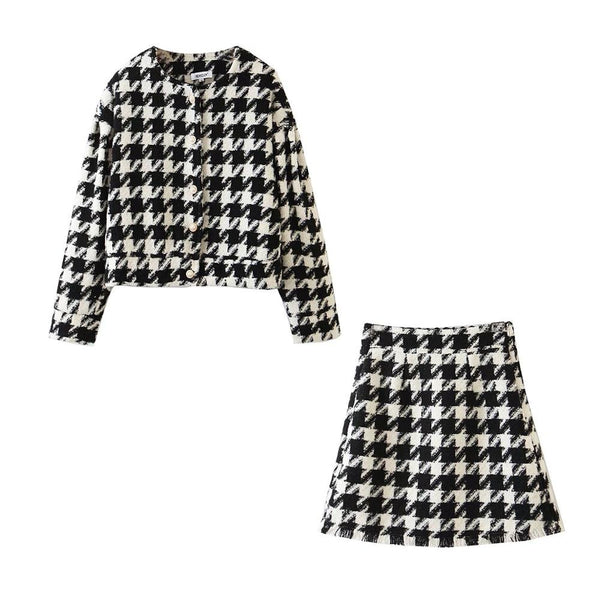 Vintage Sweet Women's Pearl Button Check Gingham Houndstooth Plaid Blazer High Waist A-Line Mini Short Skirts Long Sleeve Suits Two Piece Set By ZJOAN SHOW