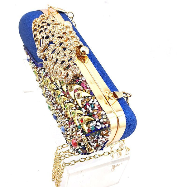 2020 New Arrival Royal Blue Color Shinning PU Material Ladies Shoes and Bag Set Decorated With Colorful Rhinestone for Party