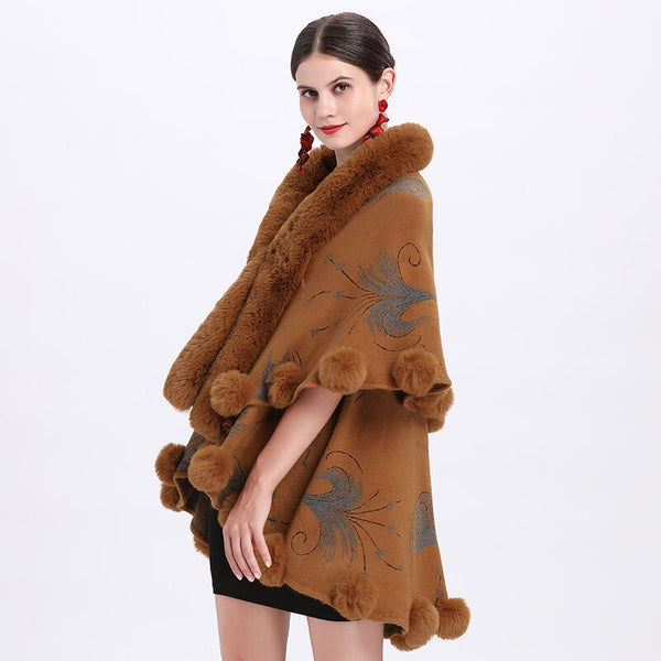 2021 Women Big Pendulum Jacquard Cloak Big Faux Fur Collar Two Layers Long Cardigan Coat Winter Thick Loose Fur Ball Poncho