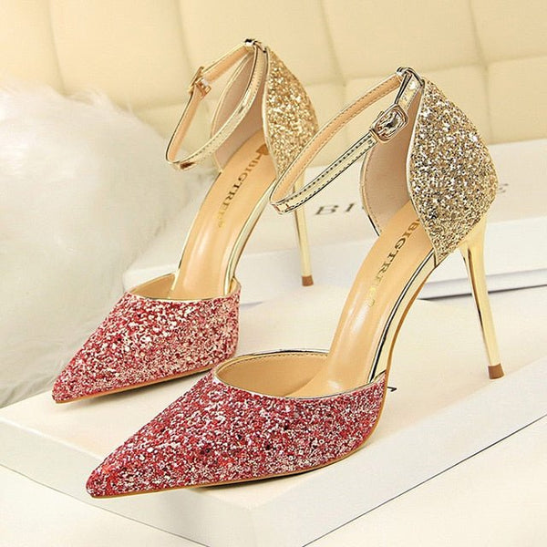 Spring New Pumps Women's Sandals Sexy High Heel Women Shoes Gold Silver Wedding Shoes Bling Kitten Heels Ladies Shoes Stiletto's