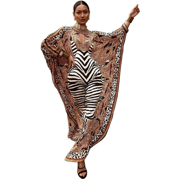 African Dresses for Women Plus Size Zebra Printed Dashiki Elegant Ladies Gown Muslim Abaya Kaftan Bat Wing Sleeve V-Neck Robes Maxi Dress