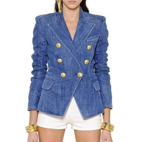 HIGH STREET New Fashion 2020 Designer Blazer Jacket Women's Metal Lion Buttons Double Breasted Denim Blazer Outer Coat