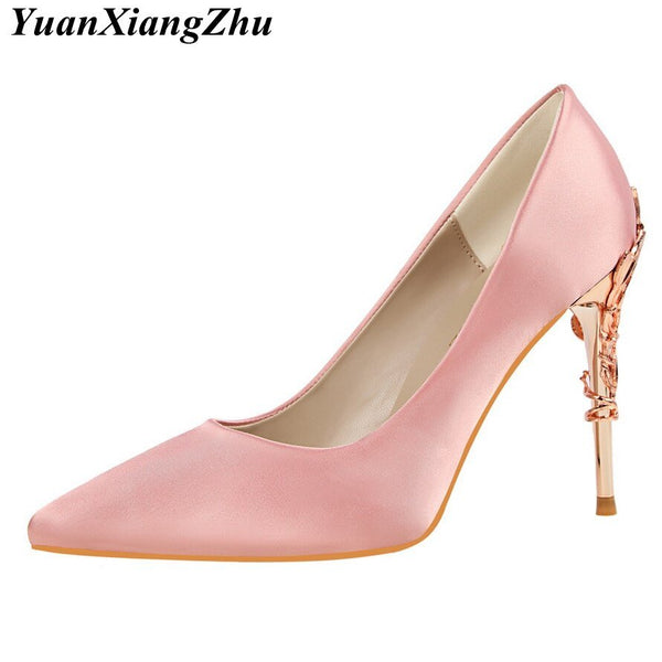 Elegant Metal Carved Heels Women Pumps 2019 High Quality Fashion Sexy Silk High Heels 13 Color /10cm Shoes Woman Wedding Shoes
