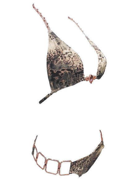 Regina’s Desire European Swimwear Swarovski Crystal Be-spangled Triangle Halter Top & Bottom (Ocelot)