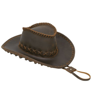 TIDING Handmade Vintage Explorer Brown Cowboy Mens Leather Bush Hat Western Hat Country Hats With Chin Strap