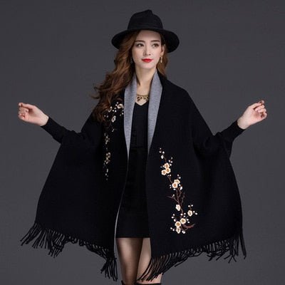 2022 Female Tassel Knitted Scarf Winter Embroidered Plum Blossom Poncho Women Long Sleeve Wrap Vintage Air Conditioner Cape