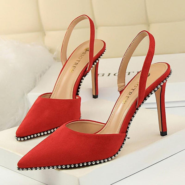 BIGTREE Shoes Rivet High Heels Woman Pumps Pu Leather Women Heels 9cm Sexy Party Shoes Black/Red/Apricot Wedding Heels