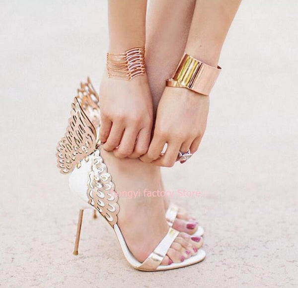 Angel Wings Gladiator Sandals Women's Pink Glitter Gloria Gold Wings Sandals Summer Pumps Ankle Strap Wedding Zapatos