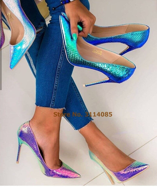Women Fantastic Pink Blue Snakeskin Dress Pumps Multicolor Thin High Heels Shallow Python Gladiator Shoes Party Shoes Wedding