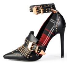 Sinsaut Mary Jane Shoes in Women's Pumps High Heels Bulgari Classic Tartan Shoes With Rivets Ankle Strap Buckle Women Shoes
