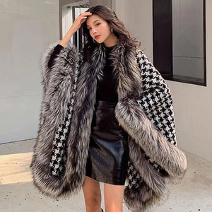 2022 Women's Fur Coat Poncho Wool Warm Fashion Houndstooth Knitted Cloak