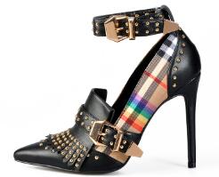 Sinsaut Mary Jane Shoes in Women's Pumps High Heels Bulgari Classic Tartan Shoes With Rivets Ankle Strap Buckle Women Shoes
