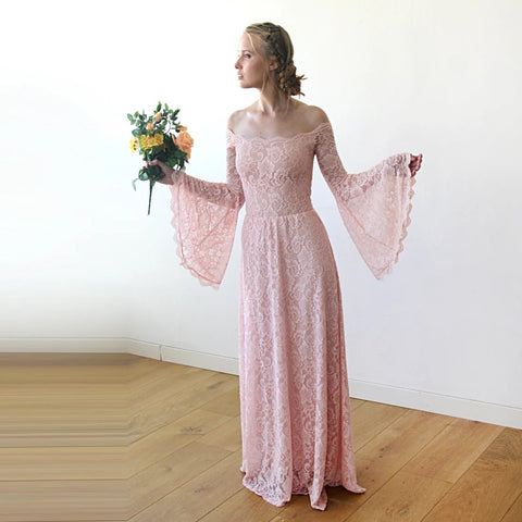 Blush Fashion Off-The-Shoulder Bell Sleeve Scalloped Lace Detail Bridesmaid Pink Dress #1201