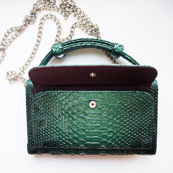 TOPHIGH Green Cowhide Leather Clutch Shoulder Crossbody Bags for Women 2021 Snake Pattern Genuine Leather Clutch Chain Gift