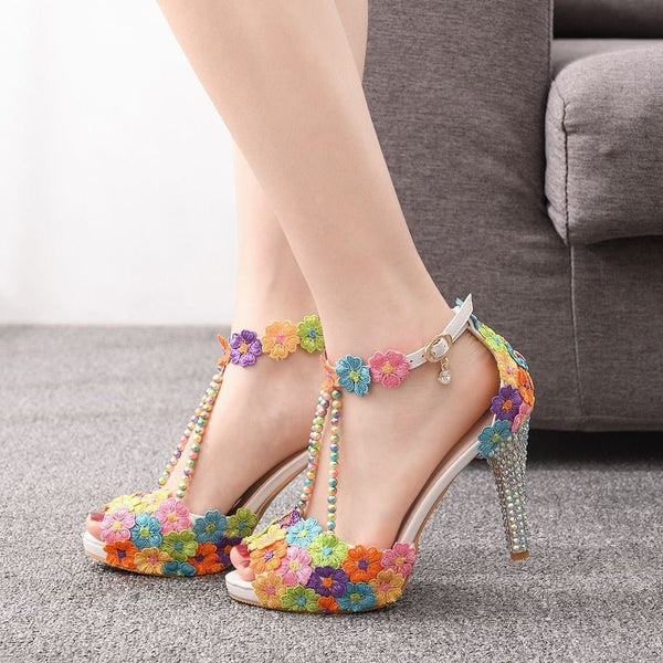 Elegant Women Sandals Thin High Heel Crystal Rainbow Colors Flower Wedding Party Lady Ankle Strap Summer Shoes Womens Zapatos