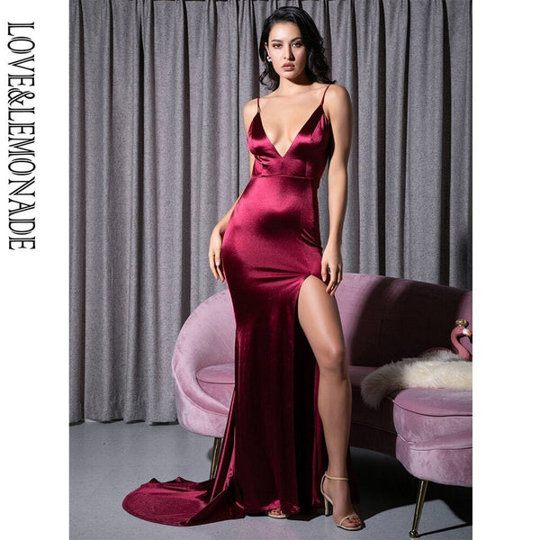 LOVE&LEMONADE  Sexy Deep V-Neck Rose Red Hollow Sling Strap Backless Skinny Long Dress LM81222-1